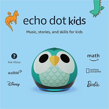 Amazon Echo Dot Kids with Alexa (newest model), Designed for kids, with parental controls, Includes 1 Year of Amazon Kids+, Owl