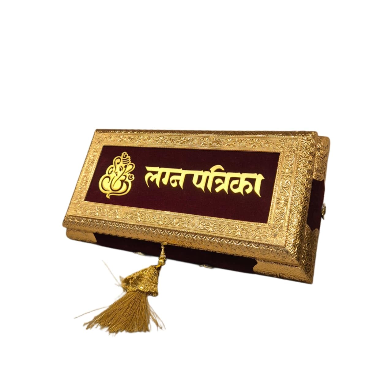 BALAJI MART Maroon Velvet Wedding Invitation Box with Gold Brass Frame, Ganesh Design, 12x6 Inch, Traditional Marriage Patrika with Tassel 1