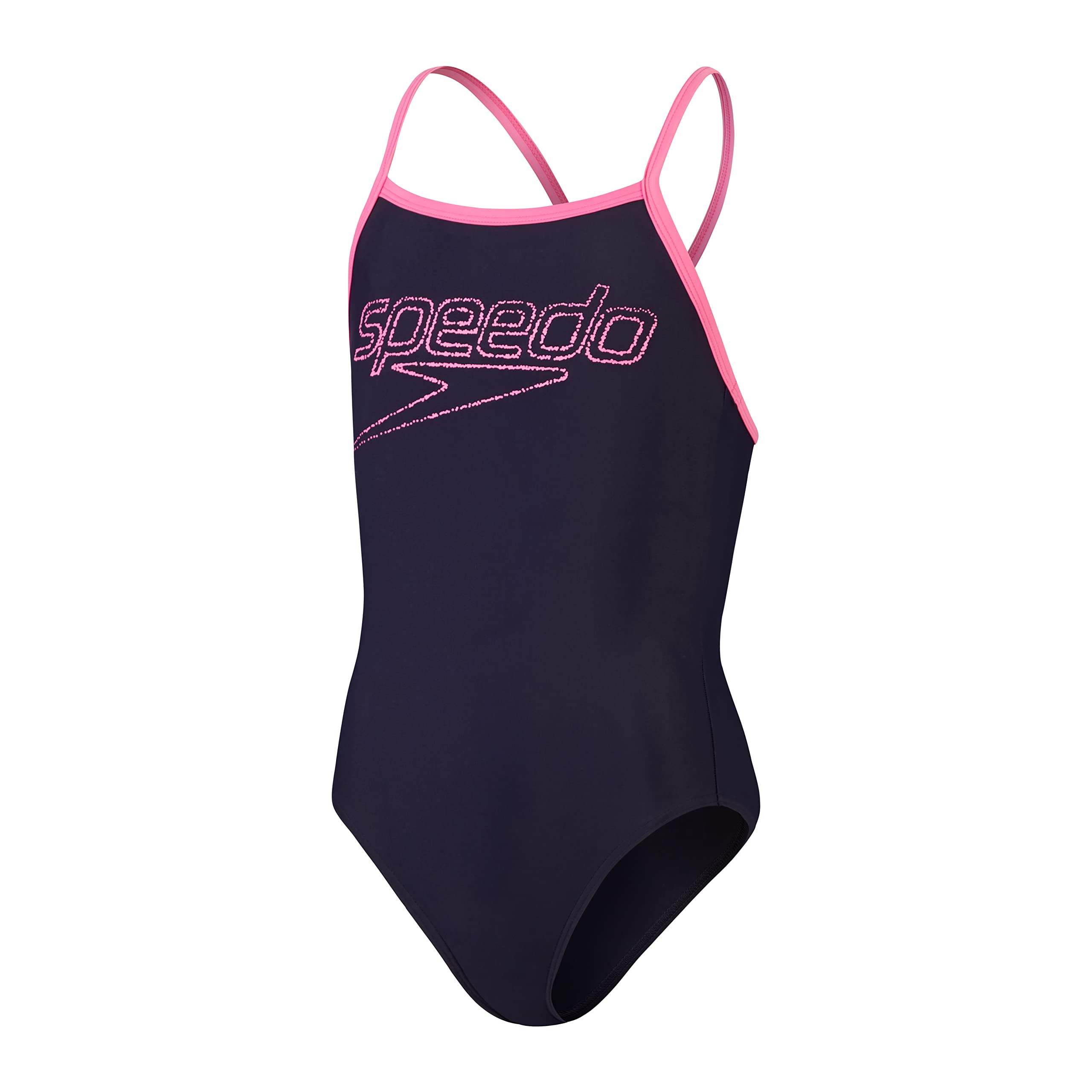 Speedo Girl's Logo Thinstrap Muscleback Navy Pink Swimsuit Swimming Costume Size 5/6 Years