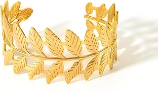 مجوهرات احتفالية - سوار انيق على شكل ورقة الغار للنساء بلون ذهبي من الستانلس ستيل مع اذني قمح، متعدد الاستخدامات للعطلات والحفلات وافكار هدايا فريدة