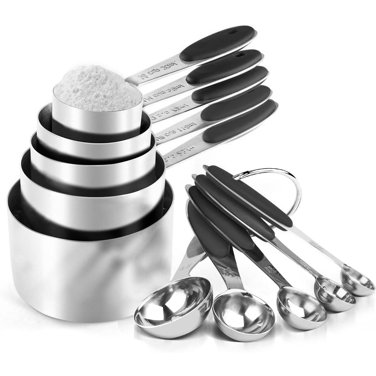 Juego de tazas y cucharas medidoras, juego de 10 tazas y cucharas medidoras de acero inoxidable, cucharas medidoras con mango de silicona para cocina, cocina, hornear (negro)