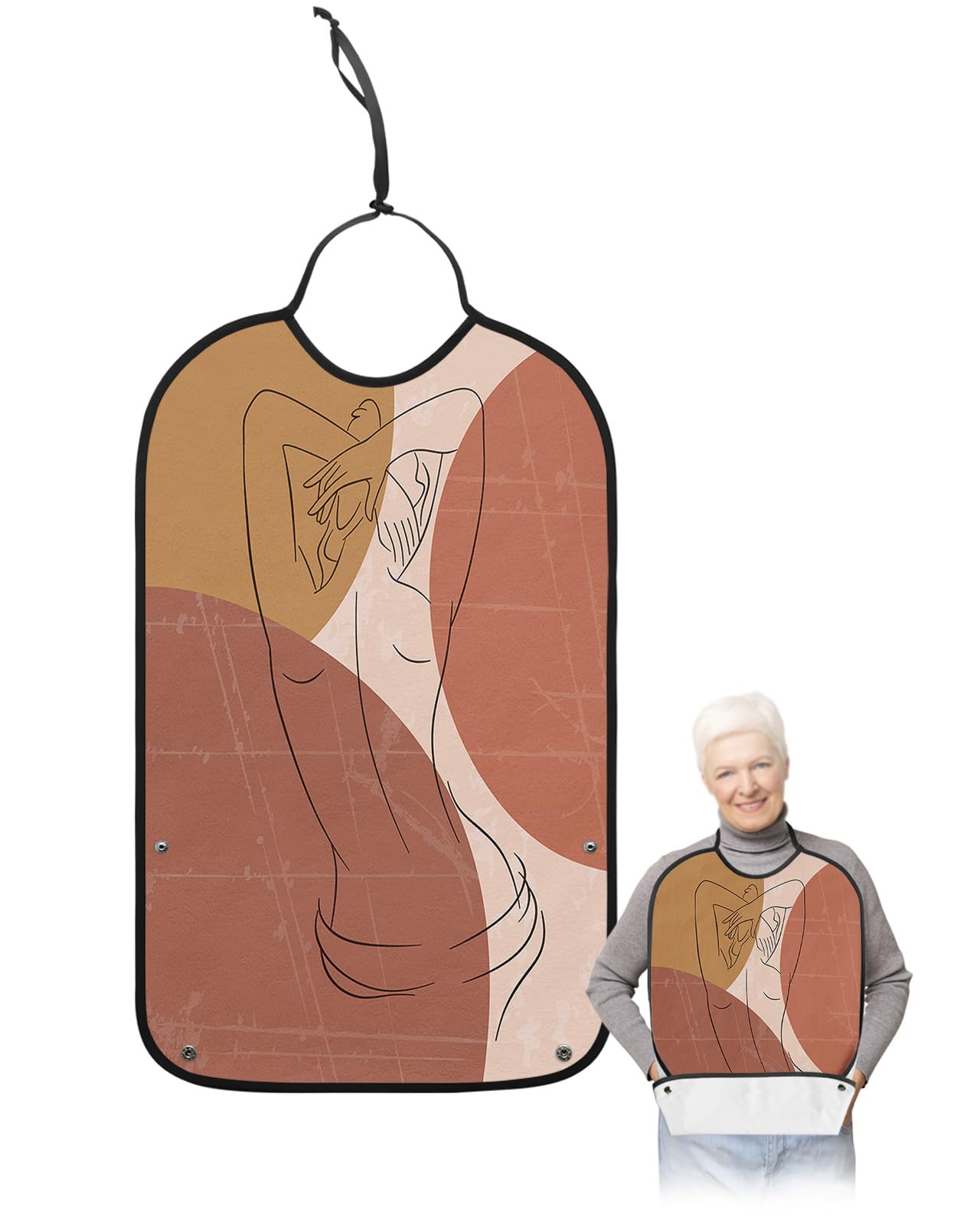Middle Century Abstract Art Adult Bibs for Eating, Waterproof Bibs with Food Catcher & Adjustable Snap Closure, Minimalistic Line Art Painting Clothing Protectors Adult Bibs for Elderly Women/Men