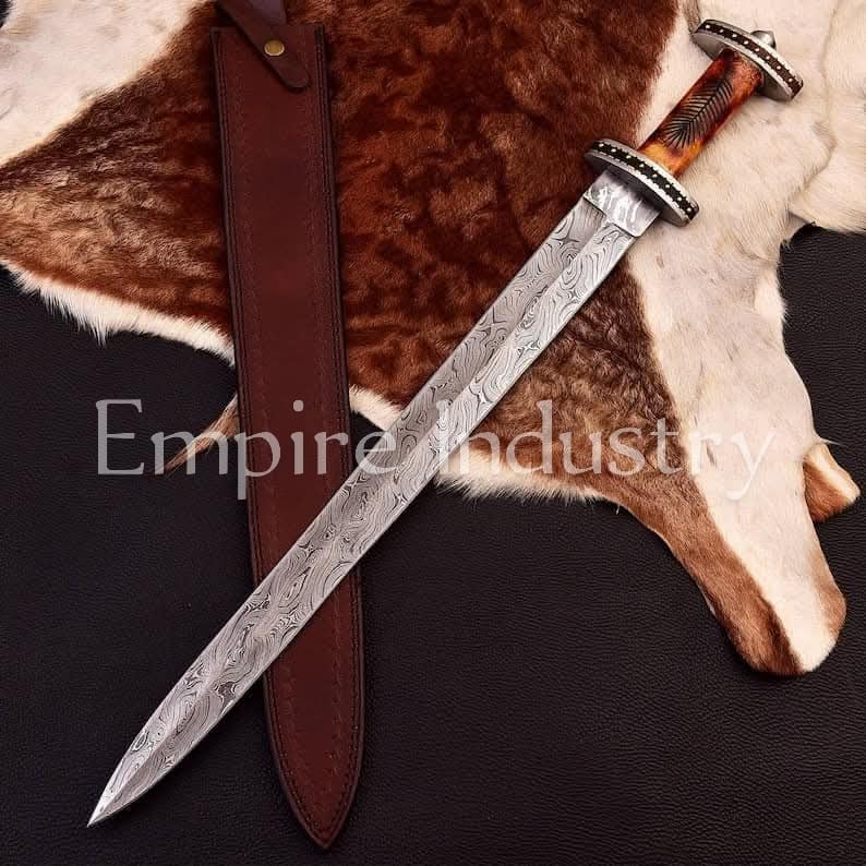 30 Inch Customized Handmade Damascus Steel Double Edge Viking Sword with Leather Sheath, Camel Bone Grip, Sharp Edges Sword, Combat Sword by Empire Industry