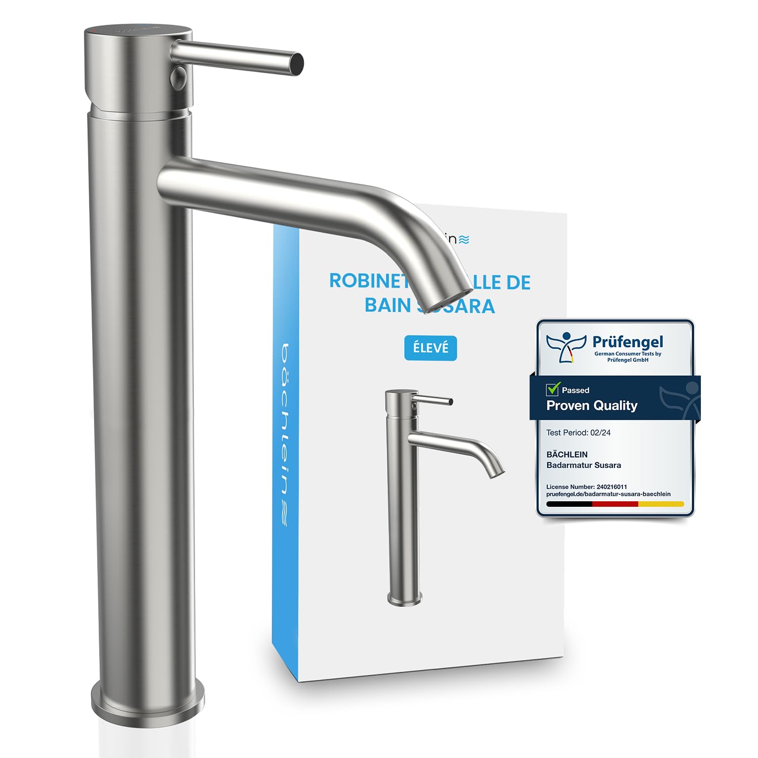 Bächlein Susara Grifo alto de baño con caño curvo de diseño extra alto, grifo monomando para lavabos de encimera con cartucho de cerámica resistente y juego de montaje, grifo de