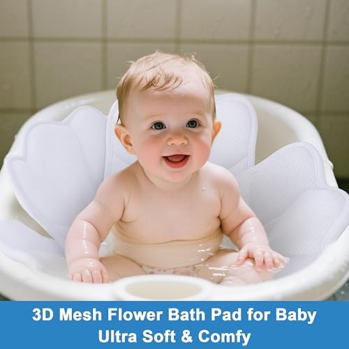Miniatura 7 de Cojín de flores de baño para bebé, tela de malla 3D transpirable, cojín de asiento de flores para baño de bebé con 4 pétalos, almohadilla de bañera