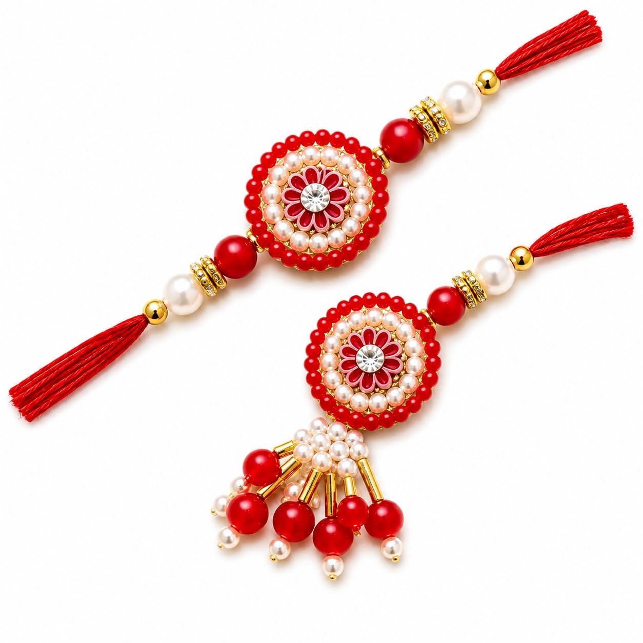 Red Floral Bhai Bhabhi Rakhi Set-image-23