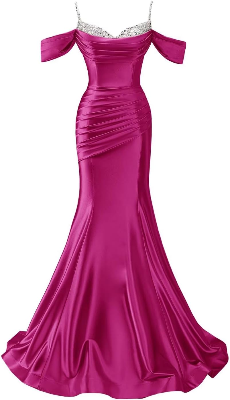 Satin Mermaid Prom Dresses Sequin Off Shoulder Formal Dress Pleated V Neck Evening Gowns 2026