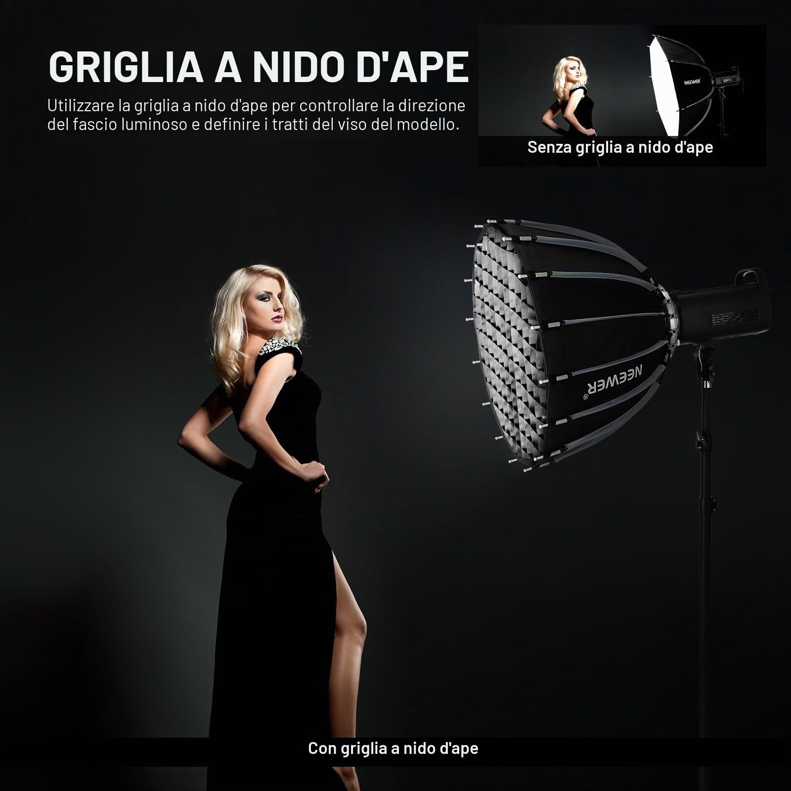 NEEWER Softbox Parabolico 22"/55cm Montaggio e Piega Rapidi, Softbox, Diffusori/Griglia/Borsa, Compatibile Con Godox Aputure 60X S 150c 300c CB60 MS60B MS60C CB200B e Altre Luci Con Attacco Bowens