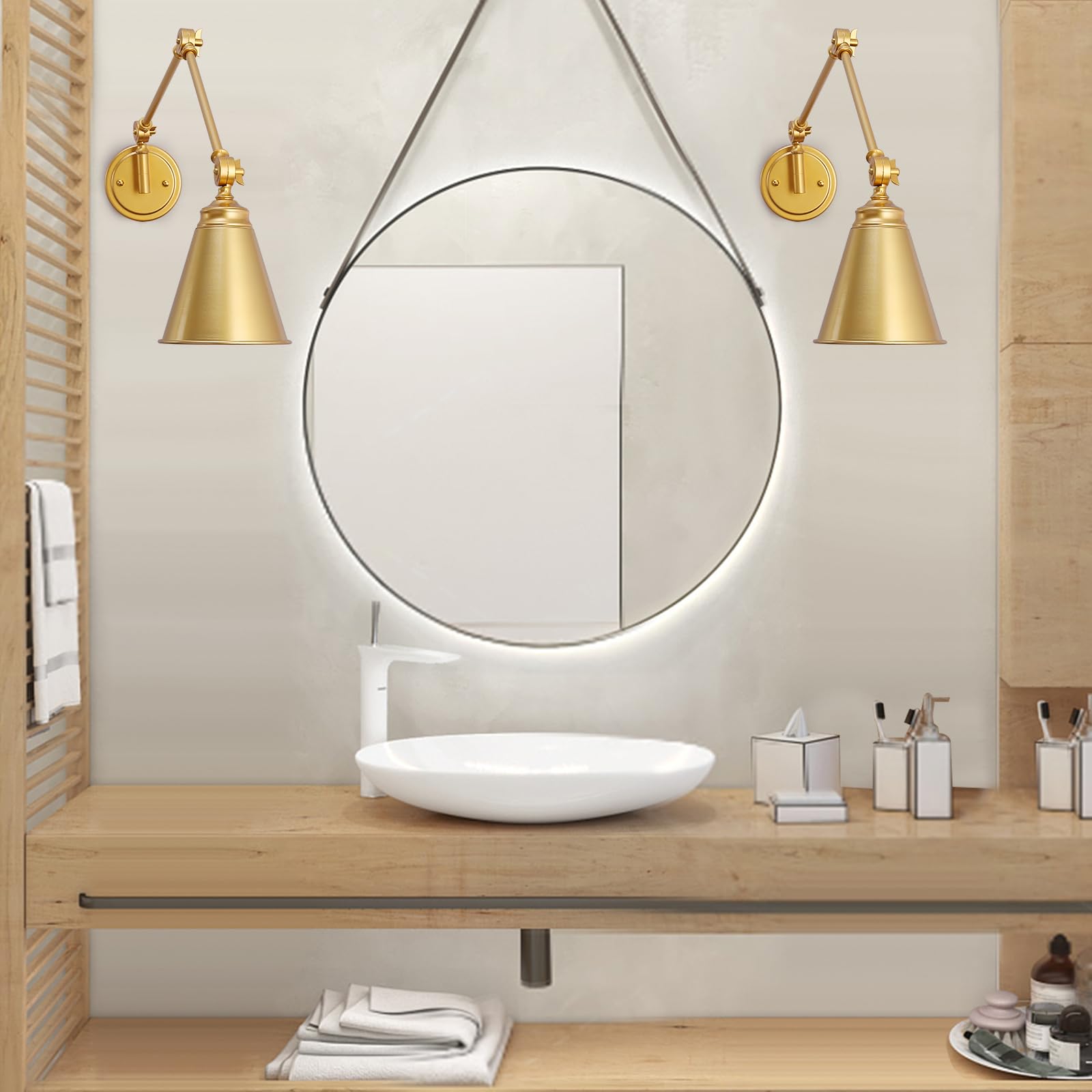 Photo 1 of Modern Plug In Wall Sconce, Cordless Gold Brass Swing Arm Wall Lamp For Bedroom Bedside, Universal Adjustable Wall Light Fixtures, Wall Mount Reading Light For Living Room, 2-Pack