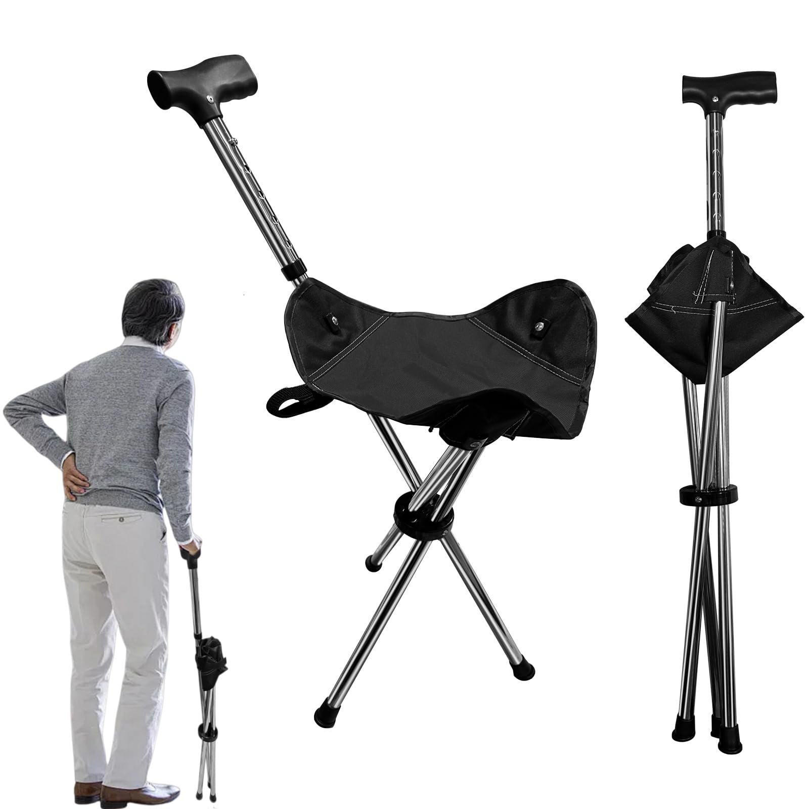Bastone da passeggio pieghevole 2 in 1 con seduta, bastone da passeggio regolabile in altezza a 5 livelli, portatile bastone da passeggio leggero a 3 gambe per anziani, uomini e donne