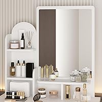 Vista 3 de FUFU&GAGA - Juego de tocador con espejo, tocador de maquillaje con 5 cajones, estantes, escritorio y taburete acolchado, color blanco