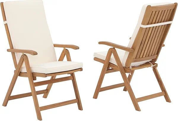 OC Orange-Casual Folding Patio Dining Chair Set of 2, Outdoor Acacia Wooden Reclining Chair w/Armrest & Removeable Cushion, Solid Wood, for Porch, Backyard, Garden, Indoor, Beige