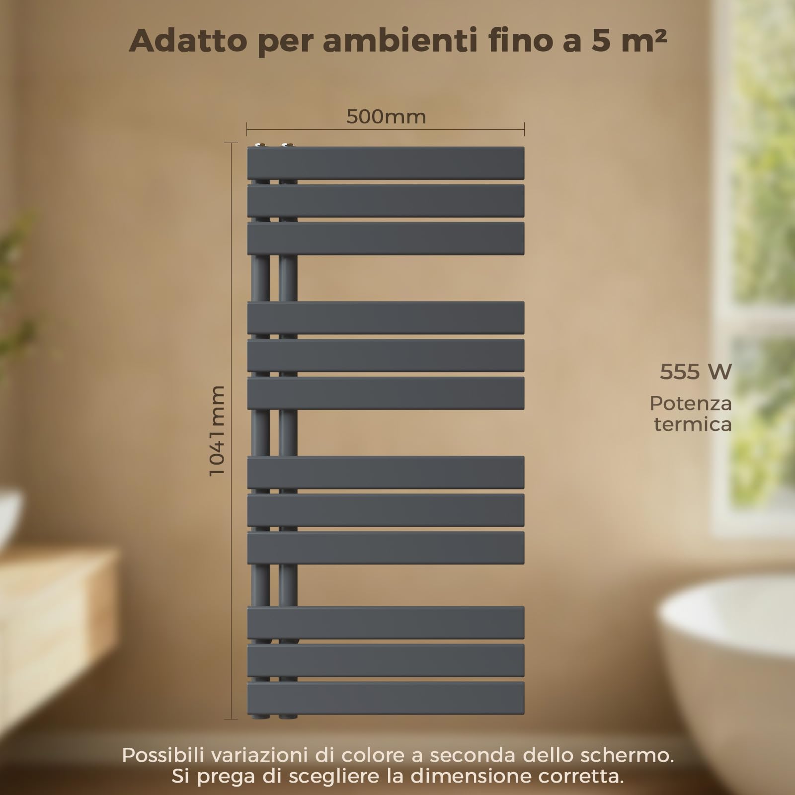 Radiatore design per bagno, radiatore scaldasalviette, grigio antracite, pannello piatto, Connessione centrale, 1041x500mm, radiatore per bagno, asciugatore per asciugamani, 555 Watt (Senza valvola)