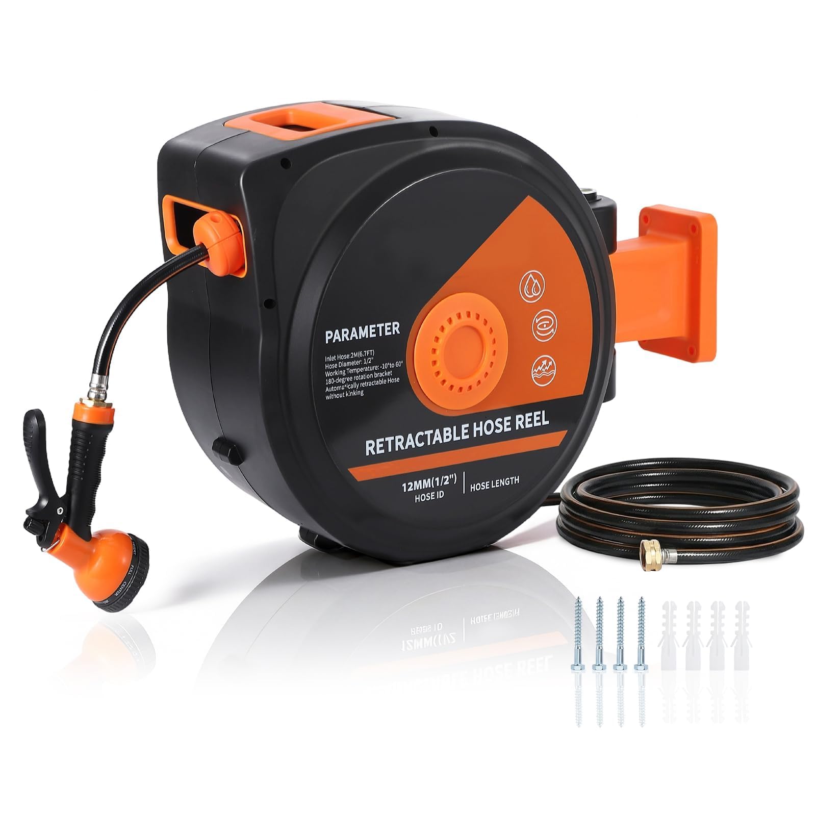 Garvee Carrete de Manguera Retráctil Automático 15 m con Soporte de Pared, Manguera PVC 1/2" y 10 Boquillas, Racores de Latón, 8 bares, Carcasa PP Reforzada Anti-UV, Ideal para Riego de Jardín, Negro