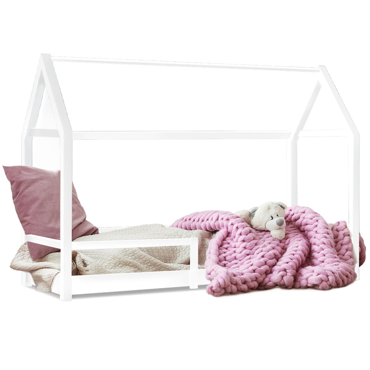 IDMarket - Lit cabane Enfant 90 x 190 cm Nessi Blanc avec sommier et barrières