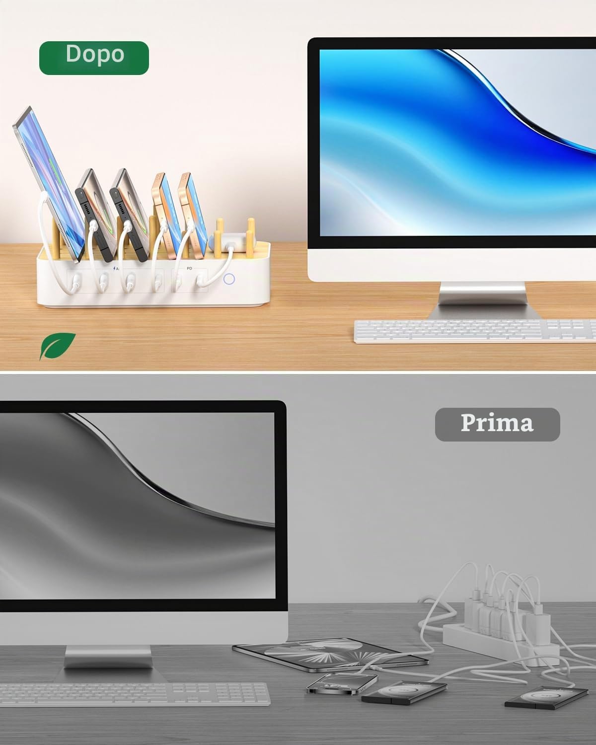 Stazione di Ricarica Bamboo da 60W per Più Dispositivi Con 3 Prese CA, 3 USB-C, 3 USB-A, Cavo di Alimentazione da 2m per IPhone, IPad, Tablet (6 Cavi Misti), Bianco