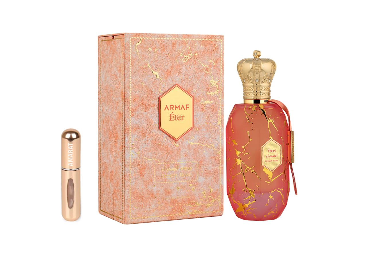 Armaf Eter Desert Rose Eau de Parfum 100 ml, Perfume Árabe Unisex de Larga Duración, Incluye Atomizador Recargable 5 ml, Fragancia Floral Oriental con Rosa Turca, Azafrán y Vainilla (Desert Rose)