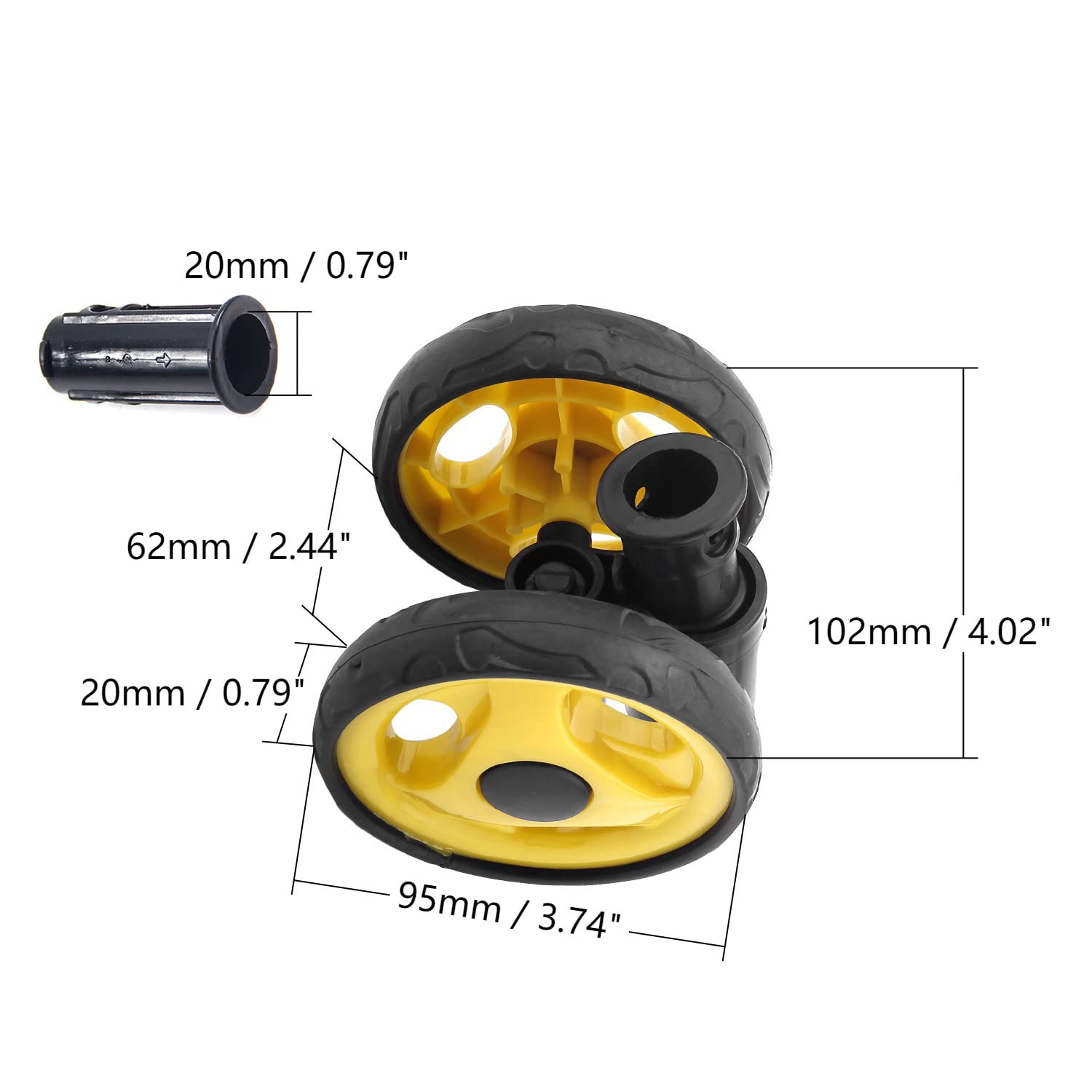 MroMax Set di ruote per passeggino da 9,2 cm x 18 mm, per tubi circolari da 19 mm, ricambio in plastica per passeggino per animali domestici, nero e giallo