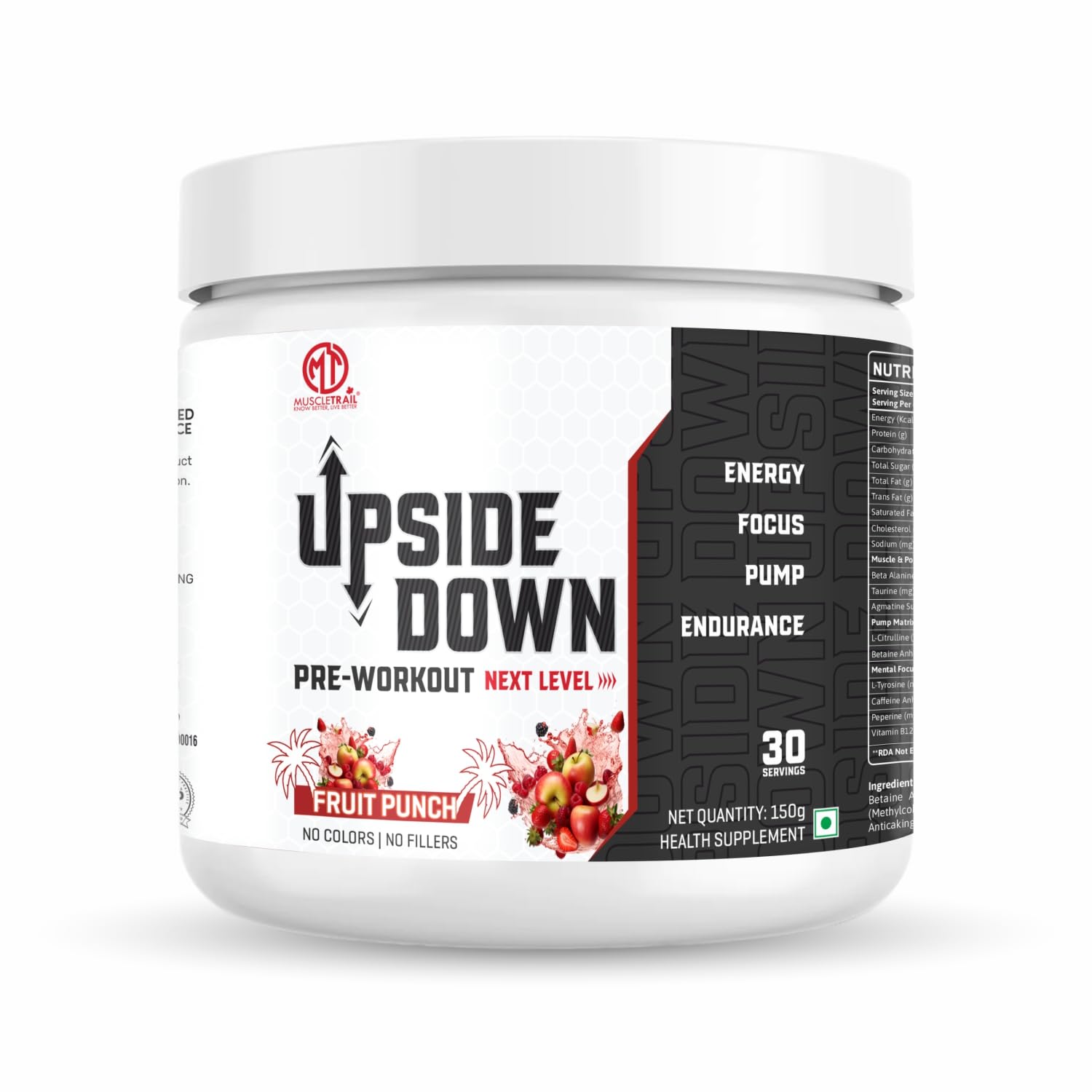 Muscle Trail Upside Down Pre-Workout Supplement, Fruit Punch Flavour, 150g | Caffeine | Theanine | Alanine | Citrulline (150g)