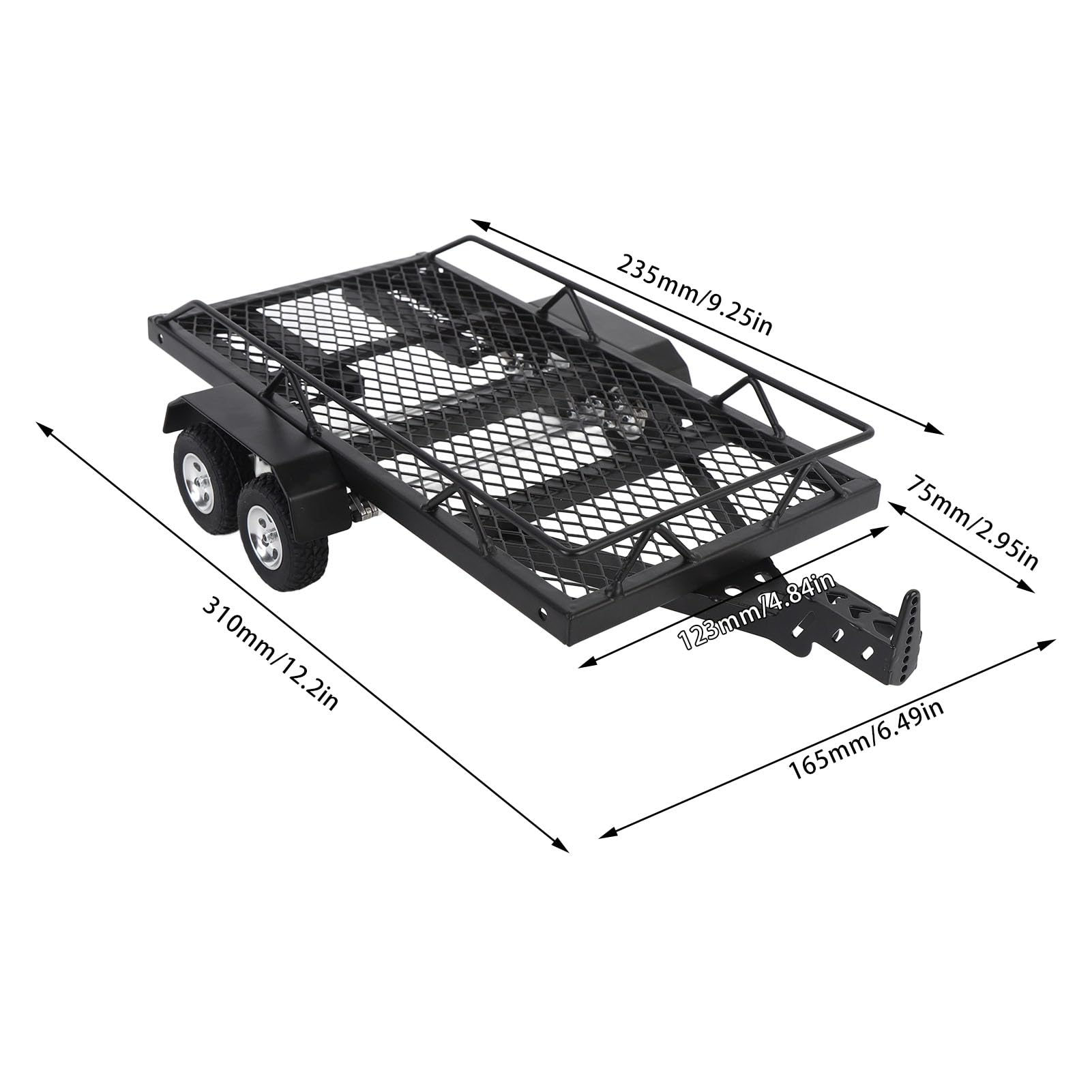 Przyczepa RC, Metalowa Przyczepa z platformą RC w Skali 1/24 do Ciągnięcia za Samochodem, Bagażnik na przyczepę z Hakiem i rampą, Wytrzymała Dwuosiowa Przyczepa Gąsienicowa RC