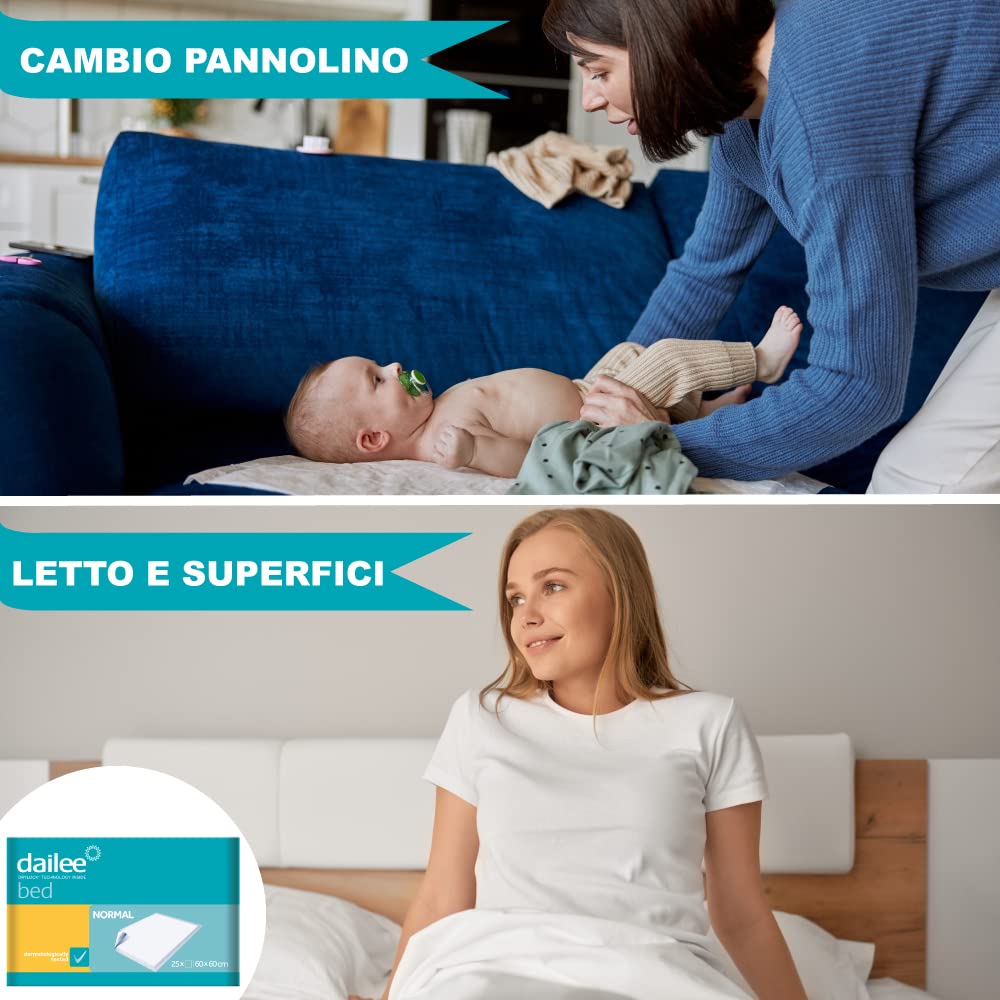 Dailee Bed 60x60 - 150x Traverse Neonato - Traversine Neonato Fasciatoio e Cambio del Pannolino - 6 Confezioni da 25 Pezzi, Formato Scorta