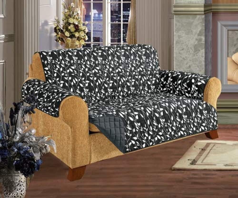 Elegant Comfort Quilted Pet Dog Children Kids Furniture Protector Slip Cover, Leaf Design Black Sofa