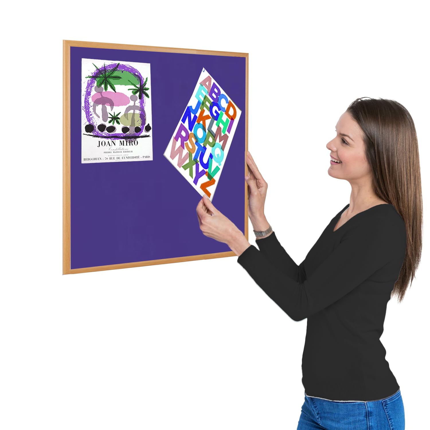 Wonderwall Small Felt Violet Noticeboard, 600 x 600 mm, Eco-Friendly Pinboard with Light Oak Wood Effect Frame, for Office, School, Home, Reception Areas