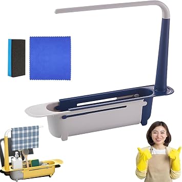 Updated Telescopic Sink Storage Rack, Adjustable Expandable Sink Caddy with Crossbar, Retractable Sink Drainer Tray Sponge & Soap Holder, Kitchen Sink Organizer Drain Basket Blue