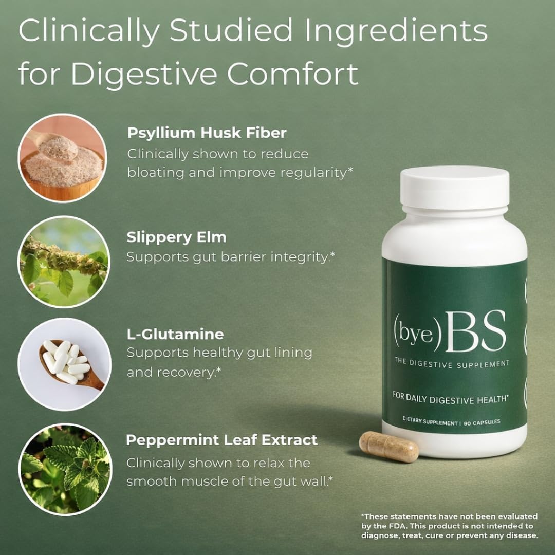 Bloating Relief Capsules – No Mixing Fiber for Daily Digestive Support – Psyllium Fiber, Peppermint, Slippery Elm & L-Glutamine – Daily Gut Health Supplement for Regularity & Comfort