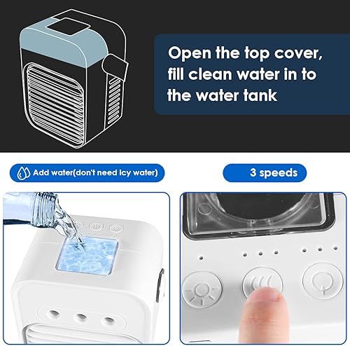 Miniatura 4 de LEPOWERP Enfriador de aire personal, ventilador de aire acondicionado USB AC 200A con 3 velocidades, mini ventilador de escritorio con asa para