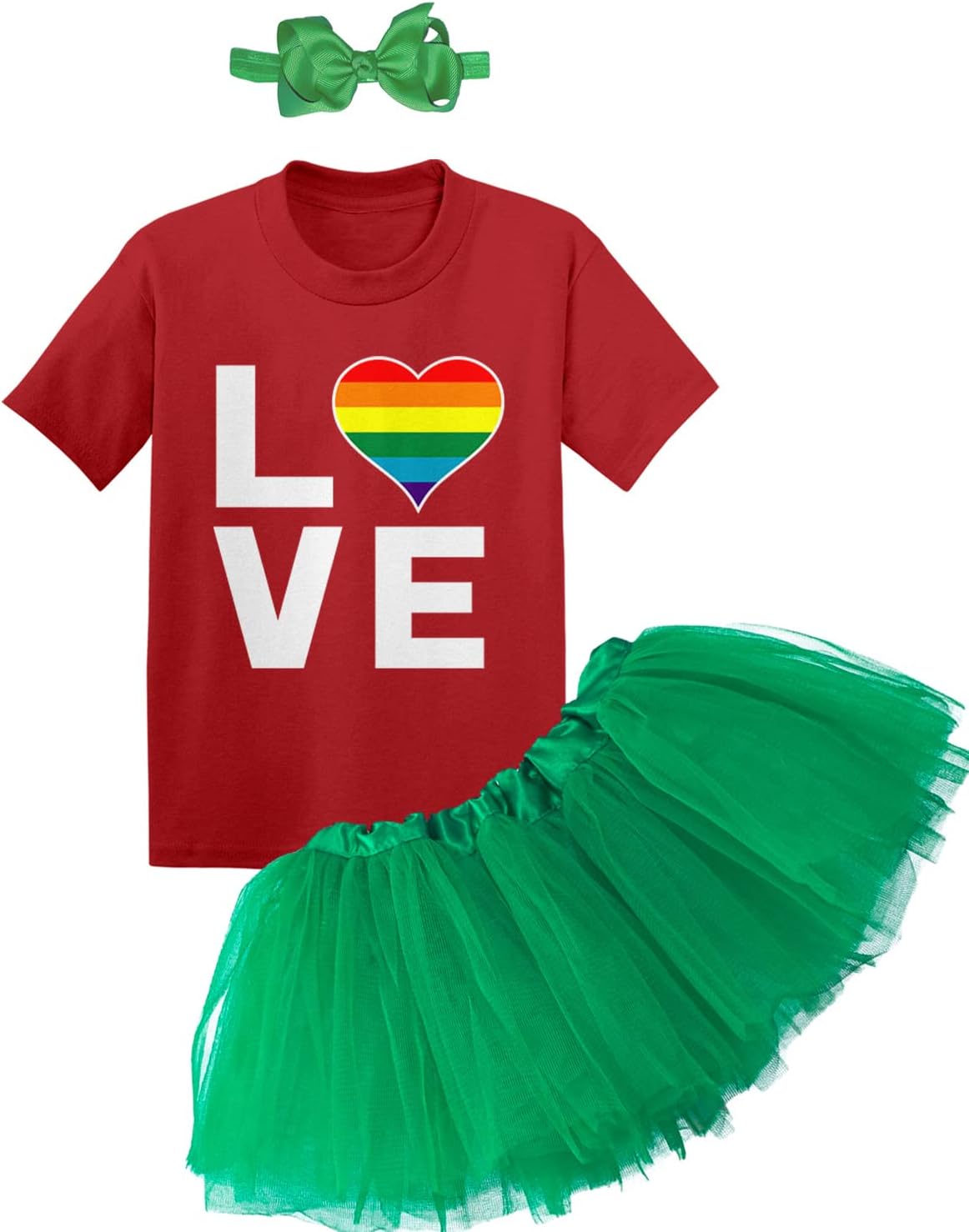 Tcombo LOVE - Rainbow Heart LGBTQ Pride Baby Bodysuit + Tutu Skirt + Bow Headband Set