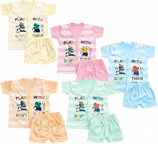 Keshuyoka Pack of 5 Newborn Baby Cotton T-Shirt & Shorts Set | Cartoon Print Soft Summer Wear for Infant Boys & Girls Price In India