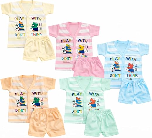 Keshuyoka Pack of 5 Newborn Baby Cotton T-Shirt &amp; Shorts Set | Cartoon Print Soft Summer Wear for Infant Boys &amp; Girls