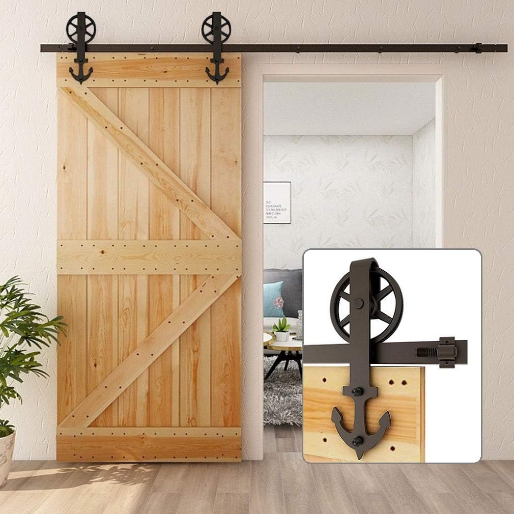 CCJH 8ft Heavy Duty Sturdy Sliding Barn Door Hardware Kit -Smoothly and Quietly -Fit 48 inch Door Panel (Big Spoke Wheel Hanger Anchor Style)
