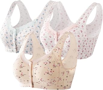 3Pack Everyday Cozy Bras, Woman Floral Wirefree Bra Front Button Close Cotton Lace Push up Plus Size Bra