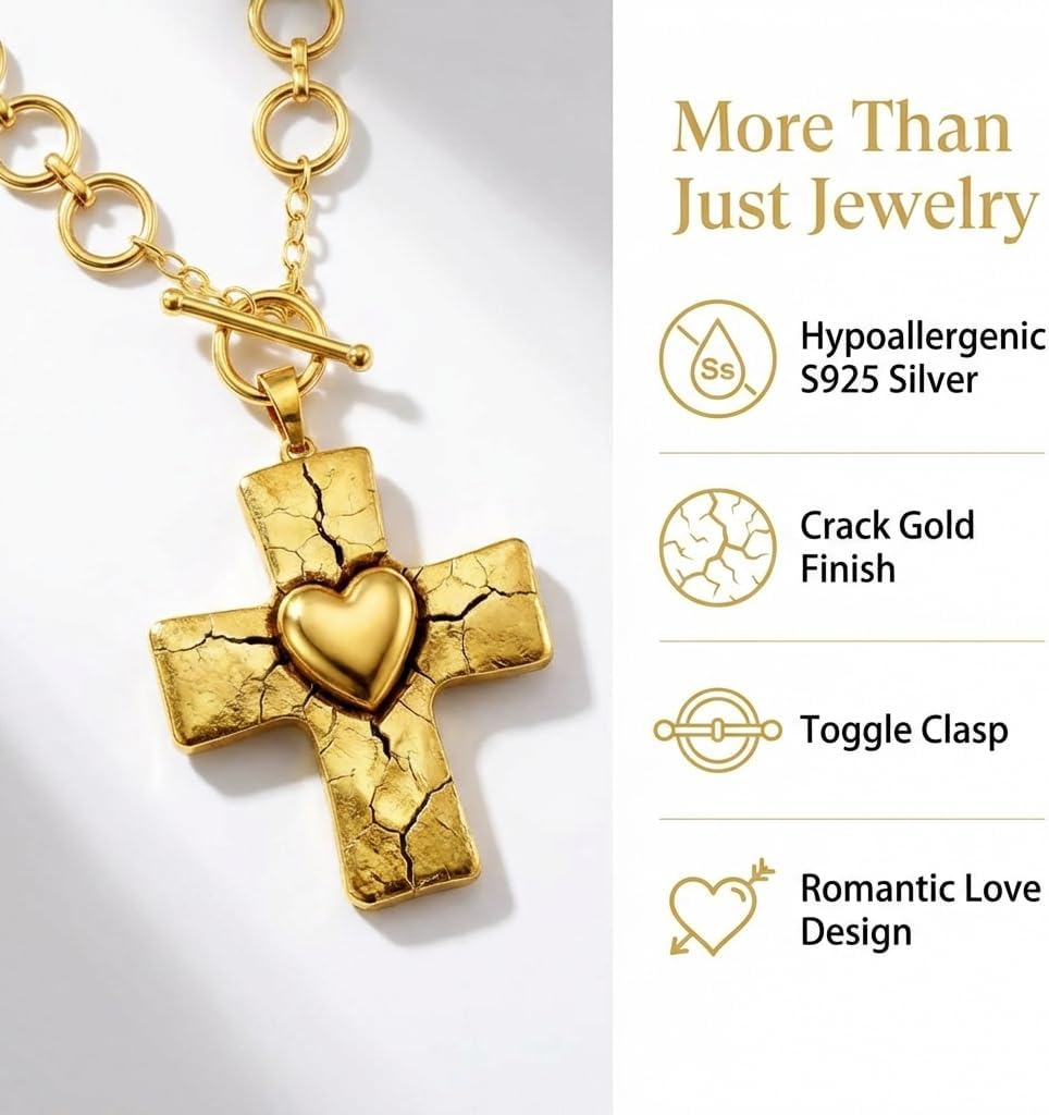 14K Gold Plated Chunky Cross Necklace for Women, Unique Crackle Design Pendant, Sparkling Cubic Zirconia Pendant, Silver Jewelry Waterproof, 18" Chain, Perfect for Beach, Weddings, Gifts