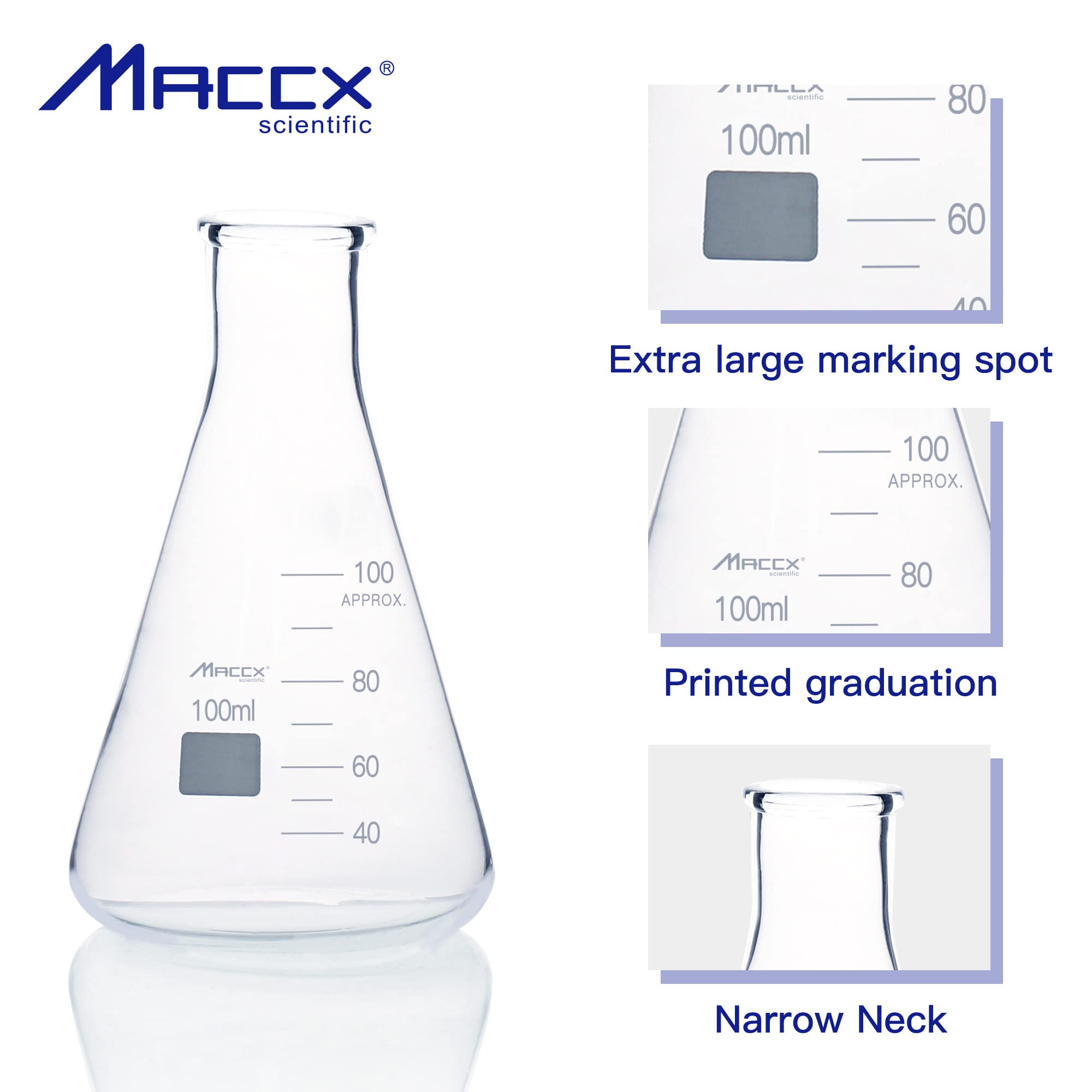 Frasco Erlenmeyer de vidrio resistente de boca estrecha de 3.3 onzas (100 ml) con graduación impresa, paquete de 6, EFN100-006