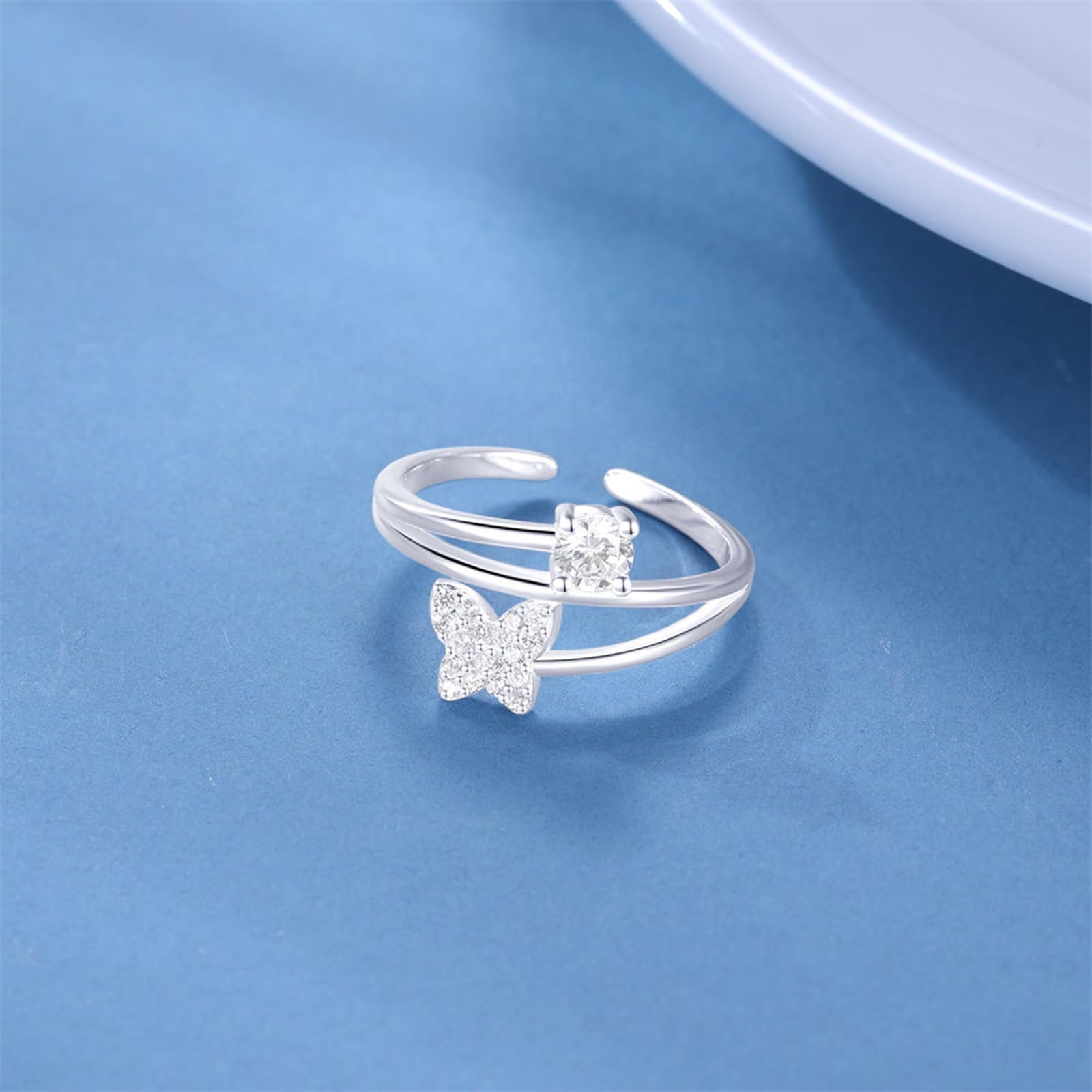 Anello Donna Proposta Matrimonio, Donna Oro Bianco Anello Aperto con moissanite Rotonda e a Farfalla