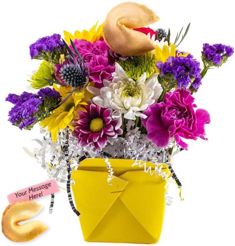 Spring Fresh Cut Live Flowers Arranged in a Takeout Container with Your Personal Message Tucked Inside a Fortune Cookie