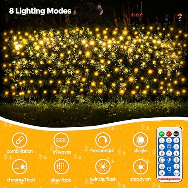 WBao Solar Christmas Lights Outdoor 200LED 8.4ft x 5.2ft Christmas Net Lights with Remote, 8 Lighting Modes, Timer, Waterproof for Lawn, Bushes, Shrubs, Trees Outdoor Christmas Decorations, Warm White