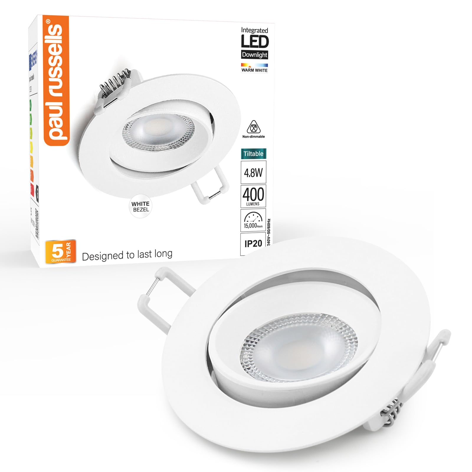 Paul Russells Warm White Led Recessed Ceiling Downlight, 3000K 4.8W 400Lm Cutout 68-74Mm, Round White Ip20 Adjustable Tilt (Not Dimmable) 38° Spotlight For Kitchen, Living & Bathroom, Hallways Lights - 1 Pack