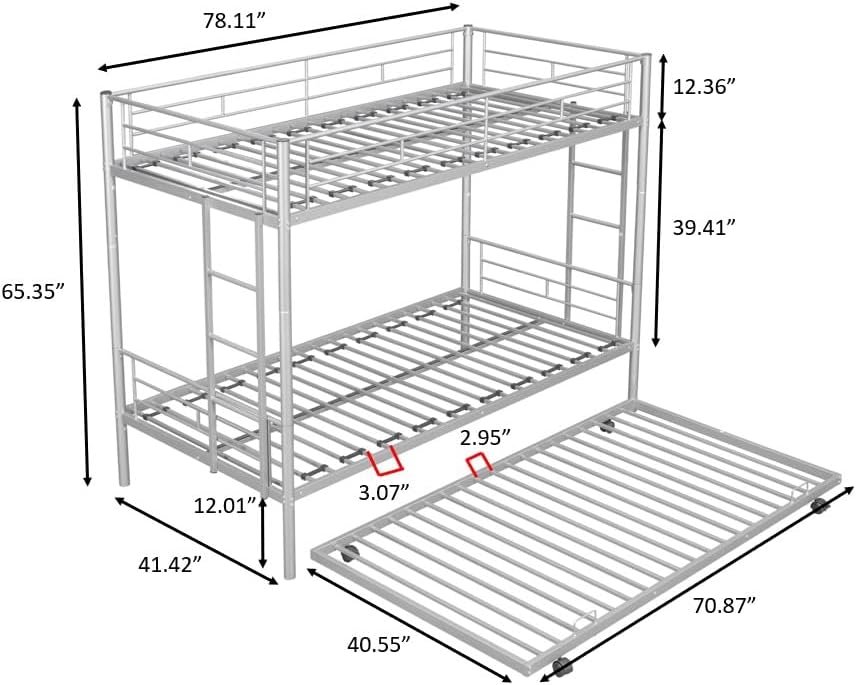 Miniatura 2 de EMKK Litera de metal individual sobre cama individual con nido para 3 niñosadultos, litera convertible con 2 escaleras laterales y barandilla,