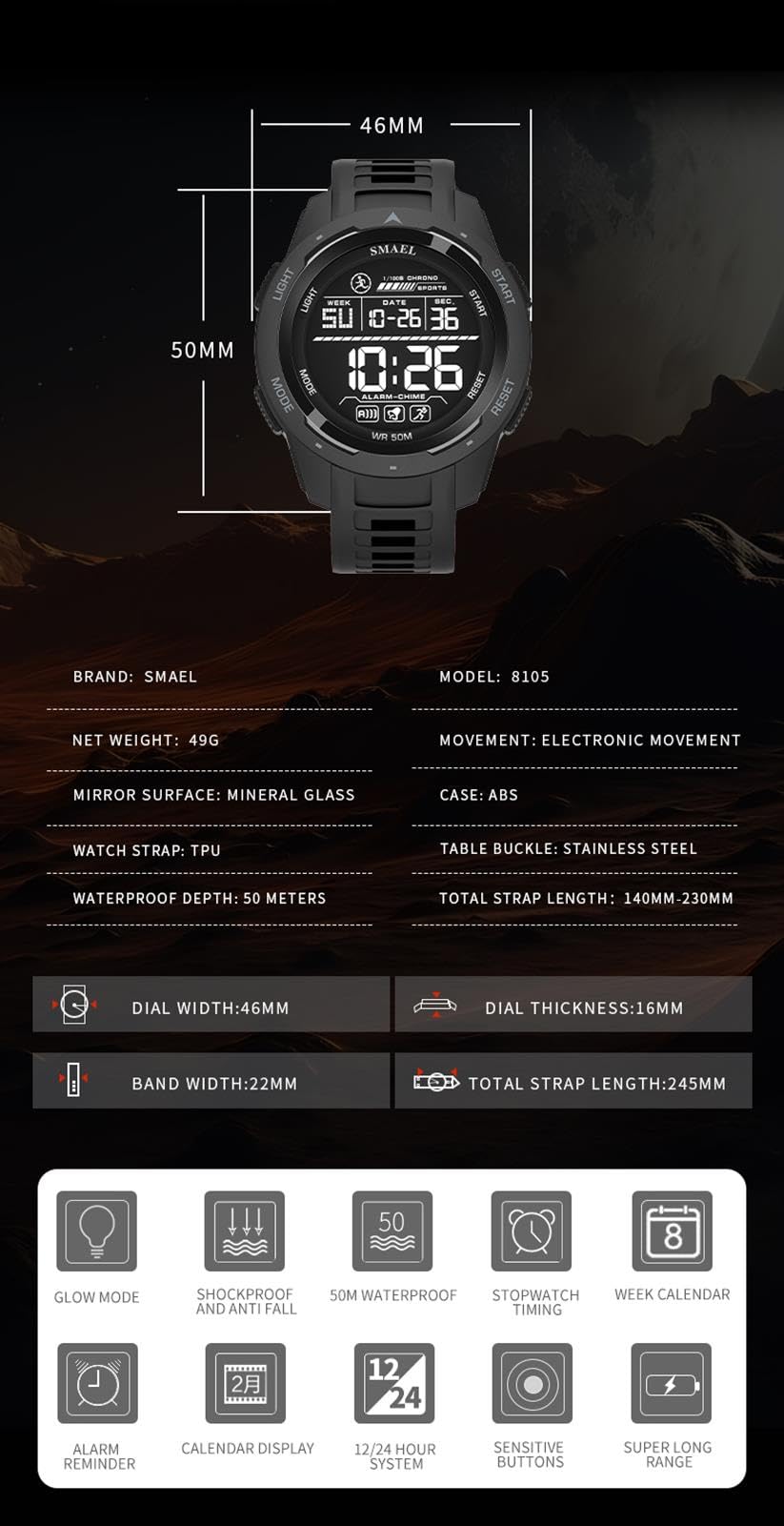 Montre Homme Digitale Outdoor Sport Multifonction Étanche LED Lumière Alarme Calendrier Date avec Bande De PU