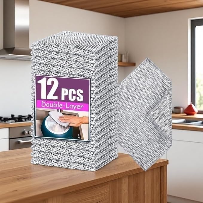 KAWAIIUS Double Layer Metal Wire Dishcloths, Non-Scratch Steel Scrubber Cleaning Rags, Silver (12)