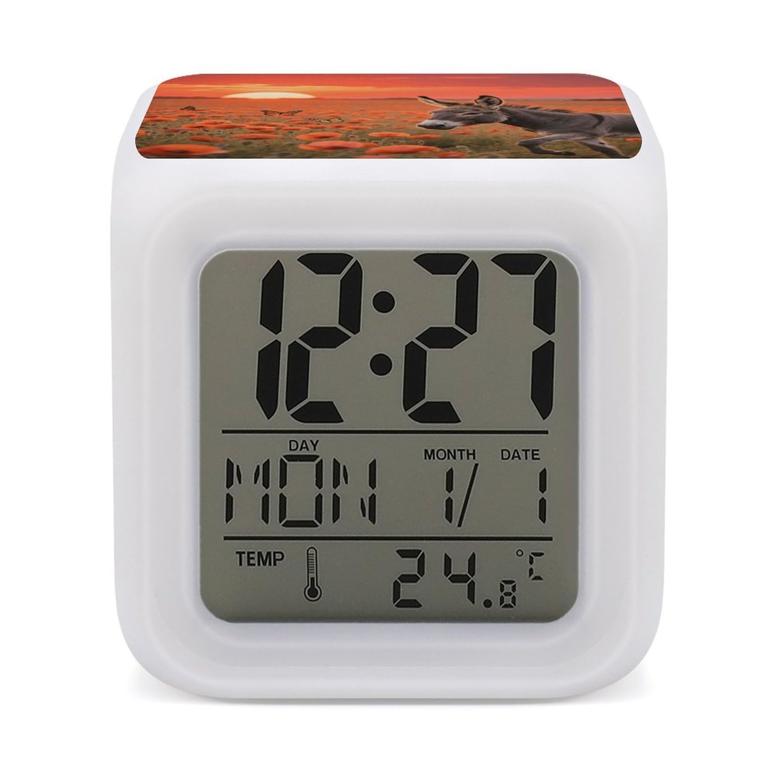 7 Color Ambient Night Light Cube Battery Operated Donkey & Butterflie Digital Clock with Snooze Temperature LED Digital Alarm Clocks Dimmable Wake Up Light Portable Mood Lamp for Bedroom Desk Gift