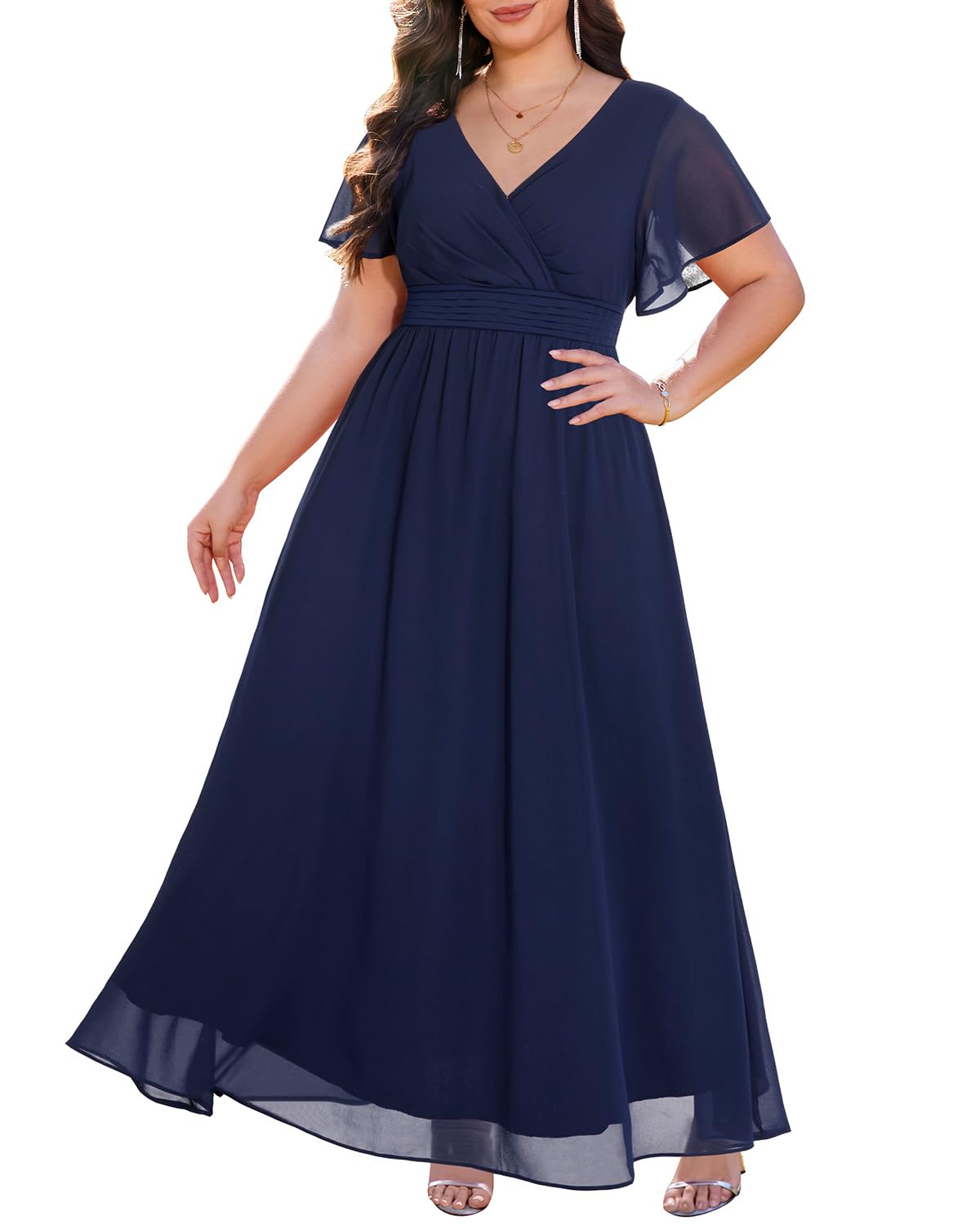 Talisea Geschäftskleidung in Übergröße – V-Ausschnitt, Flatterärmel, Glitzer, für Abschlussball, als Abendkleid oder für Hochzeit, Chiffon-Material, langes Maxikleid