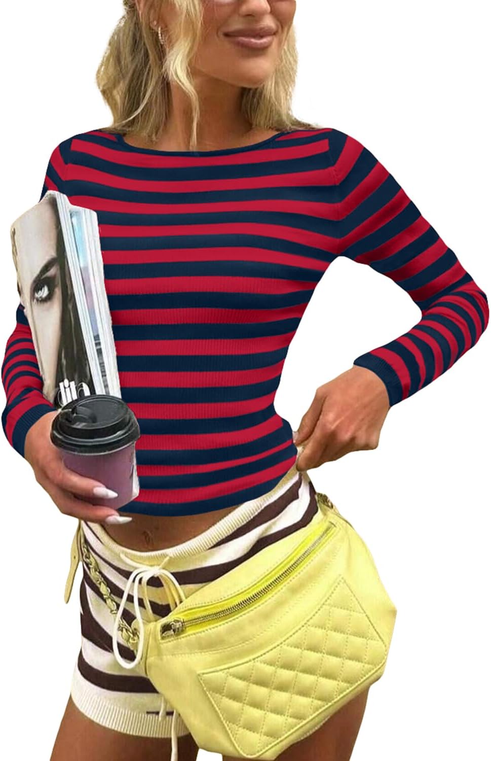 Cioatin Women Long Sleeve Boat Neck Striped Crop Sweater Tops Y2K Vintage Slim Fit Shirt Ribbed Knit Pullover Fall Outfits - Image 2