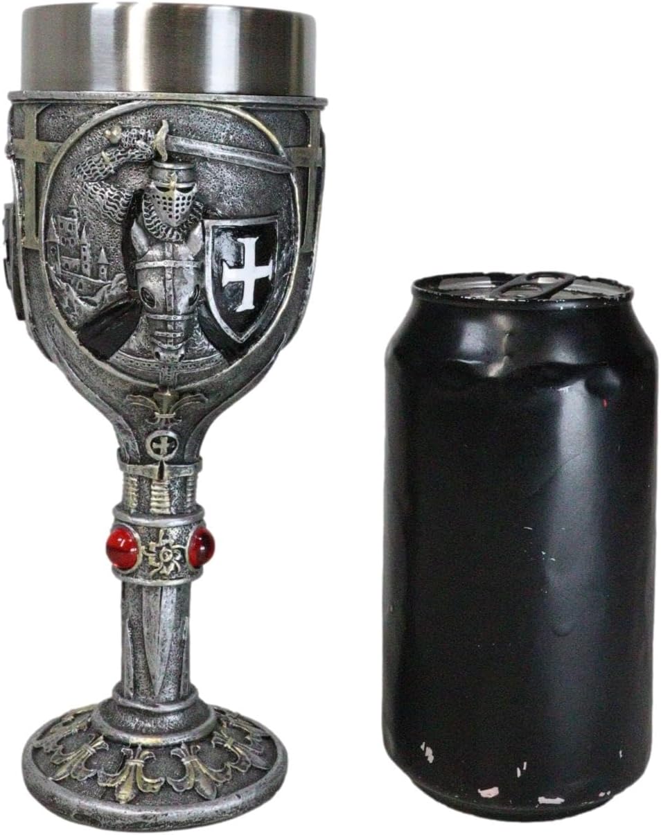 Ebros Gift Coat Of Arms Heraldry Medieval Renaissance Templar Crusader Black Knight Suit of Armor Charging On Horse Wine Goblet Chalice Decor Figurine Drinkware Party Accent