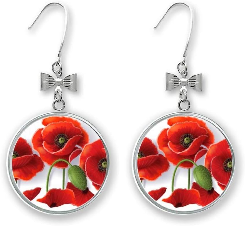Red Flowers Painting Corn Poppy Petals Fruit Bow Earrings Drop Stud Pierced Hook