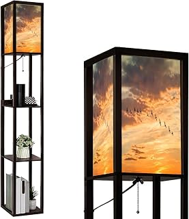 Floor Lamp with Shelves Migratory birds v soft pastel colored sky gradient clouds beach resort Standing Tall Lamp USB Ports & Power Outlet Modern Corner Lamp Nightstand Light for Living Room Bedroom